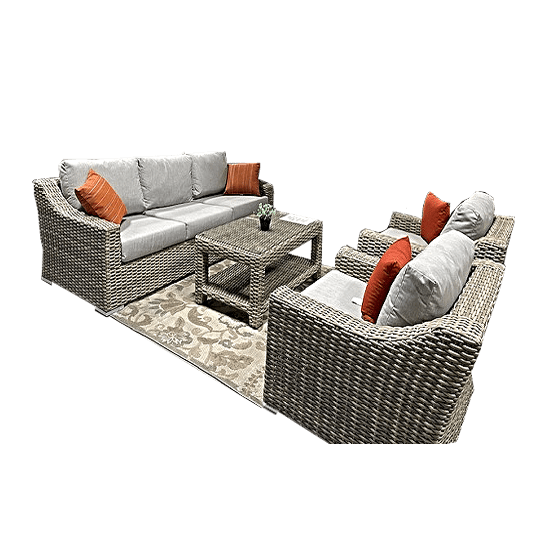 The Tulip Outdoor Dining Set has extra-wide, sloping armrests made with resin/wicker in a gentle taupe shade that will blend in any backyard. This set is accompanied with world-renowled sunbrella fabric cushions. These cushions are fade, mold, and water resistant.