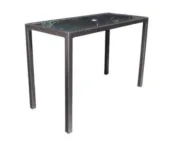 The chorus outdoor bar table, made by Cabana Coast has an aluminum and brown wicker/resin frame. There is seating for six. The table comes with tempered glass and a hole for an umbrella.