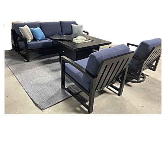 The Venice Outdoor Sofa set offers sleek slats of black aluminum frame accompanied with stunning navy blue sunbrella cushions. The venice outdoor sofa set is very desirable.