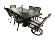 Venice Dining Tables offer the perfect union of classic & modern touches to create a striking look to elevate your outdoor dining experience. The top features a stone-like texture & a thick edge profile & the renaissance-inspired 2 column bases are the strong foundation in both style & substance. Comes with an umbrella hole.   The six dining chairs are made with sunbrella sling fabric.  Two of the chairs are swivel.