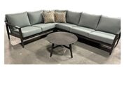 Drawing inspiration from a space where an artisan creates their work, the Studio collection' s bold outline is a stroke of brilliance. Crafted with distinct, angular back legs & a pitched back for superb comfort + our exclusive wide, flat format rope accent on all seat backs, Studio captures the essence of inspired outdoor design.  This set is accompanied with light teal sunbrella cushions.